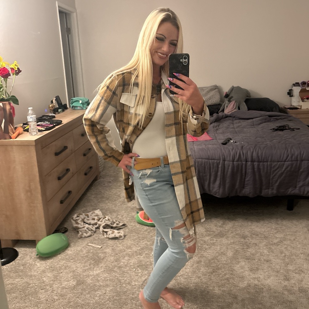SHEIN Plaid Longline Jacket - Tan and White
